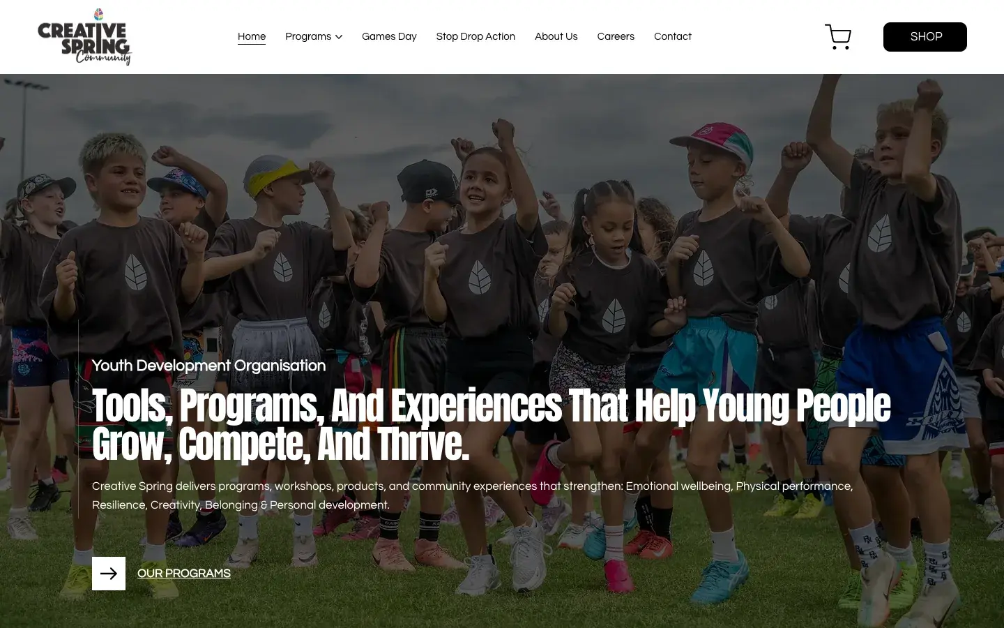 Youth Development website design for Creative Spring — desktop mockup