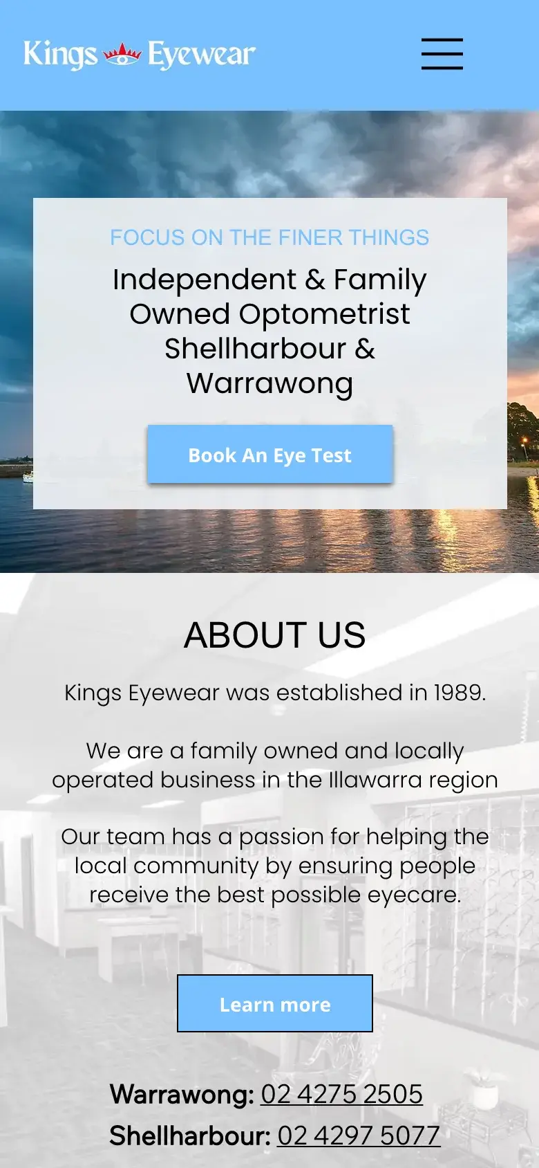 Optometry website design for Kings Eyewear — mobile mockup