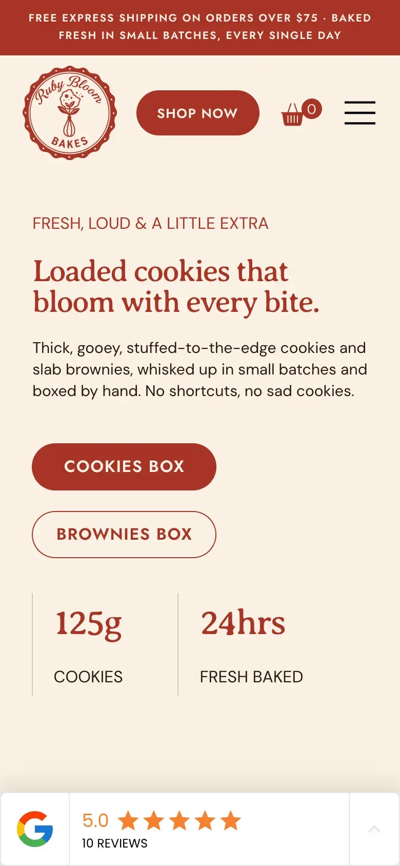 Food & E-commerce website design for Ruby Bloom Bakes — mobile mockup