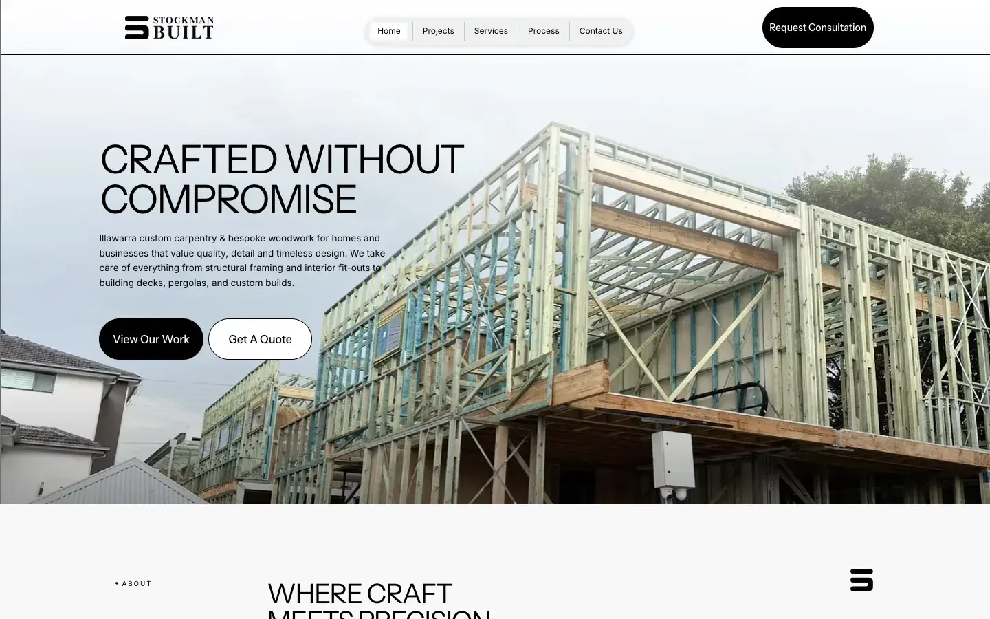 Carpentry & Construction website design for Stockman Built — desktop mockup