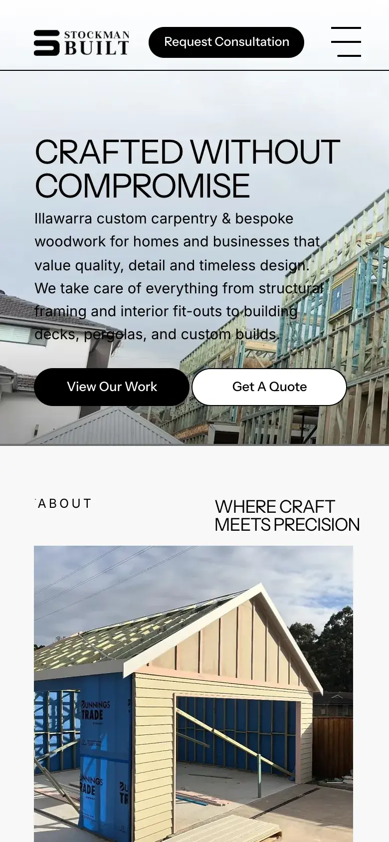 Carpentry & Construction website design for Stockman Built — mobile mockup