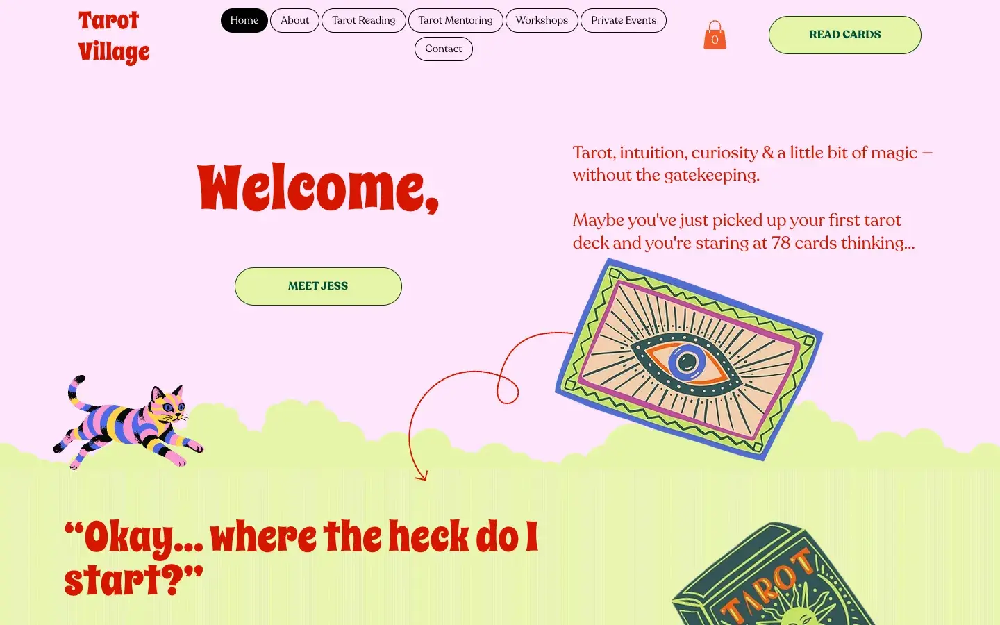 Workshops & Readings website design for Tarot Village — desktop mockup