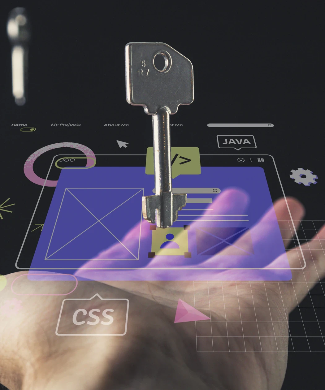A key hovering over a website wireframe with code, CSS and Java tags