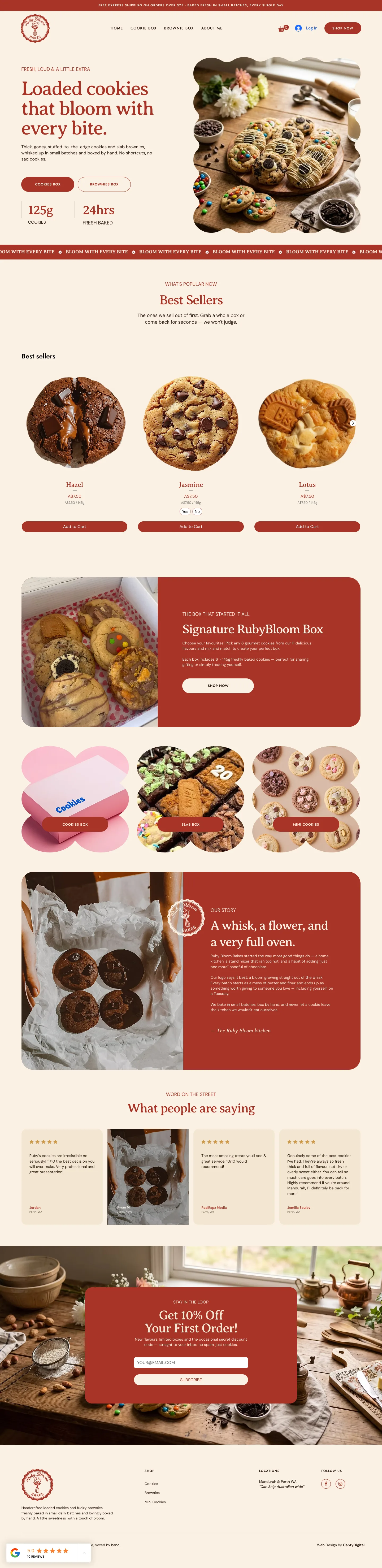Food & E-commerce website design for Ruby Bloom Bakes — full homepage scroll-through