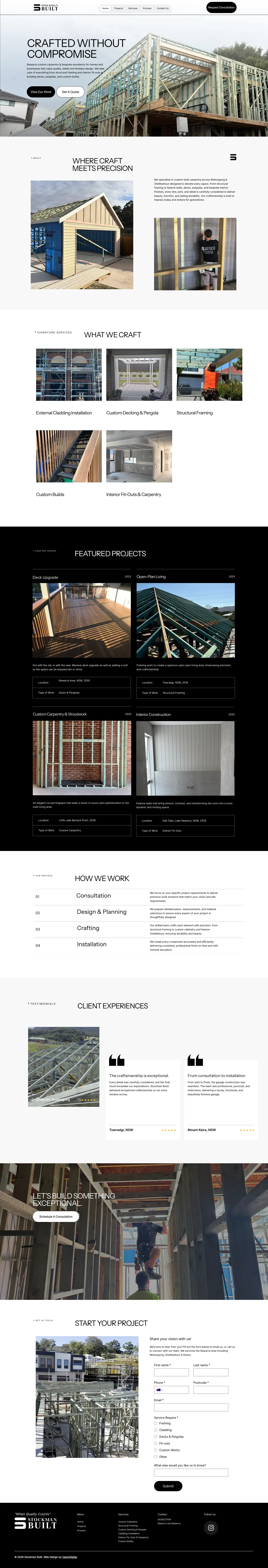 Carpentry & Construction website design for Stockman Built — full homepage scroll-through