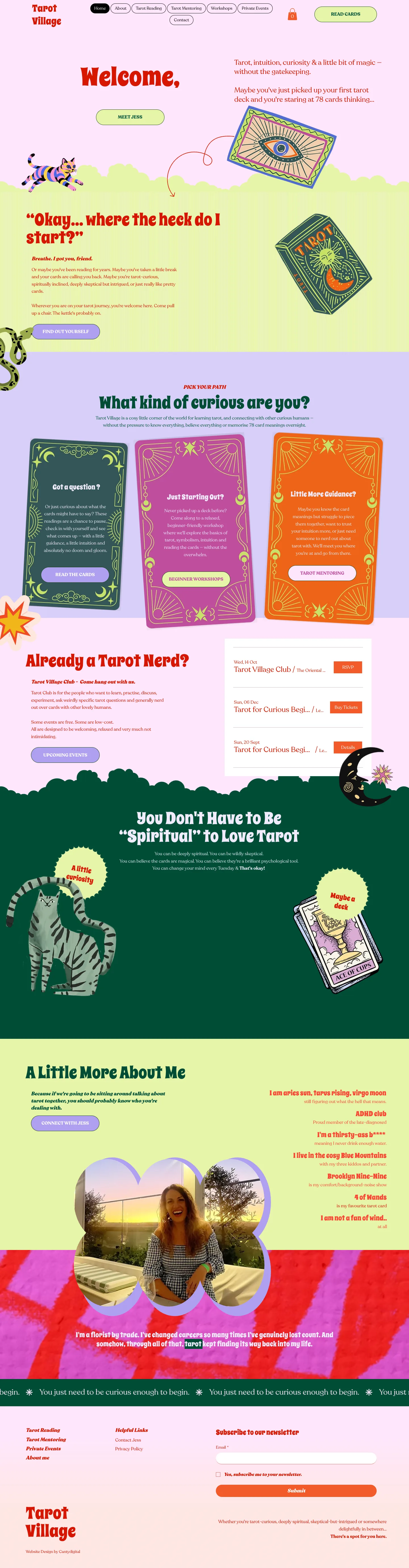 Workshops & Readings website design for Tarot Village — full homepage scroll-through